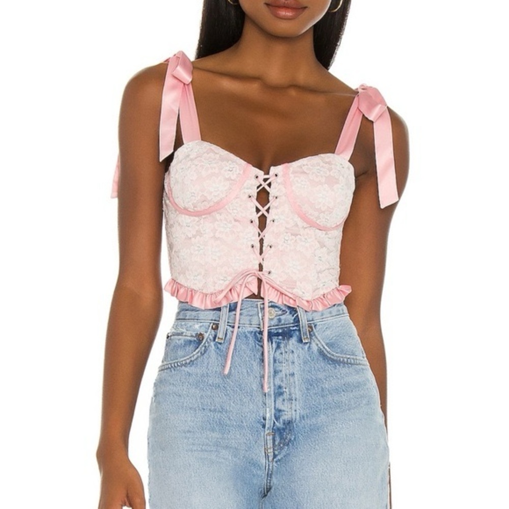 Revolve Majorelle Lyla Bustier Top in Pink Lace
